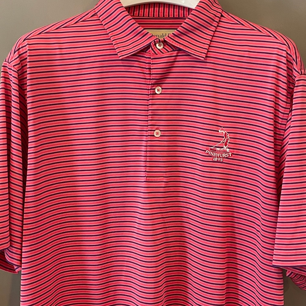 Donald Ross Pinehurst 1895 Golf Polo Shirt Mens Large Pink Navy Blue Striped L